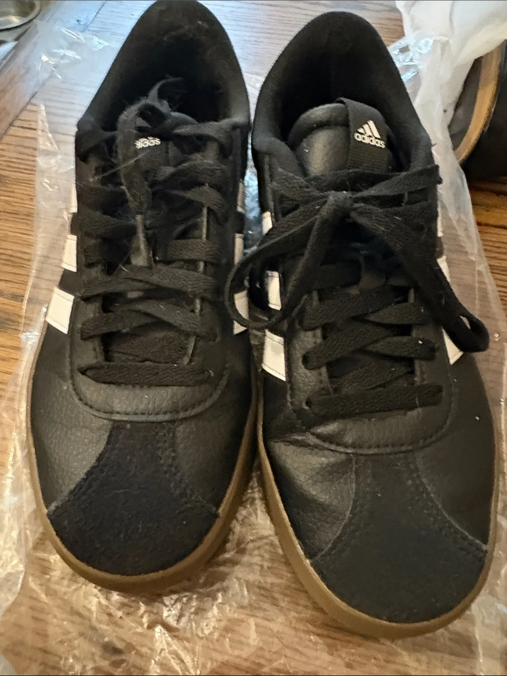 NWOT adidas Black Sneakers with White Stripes and Gum Sole SZ M 8/ W 10